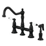 Restoration Two-Handle 4-Hole Deck Mount Bridge Kitchen Faucet with Brass Side Sprayer