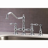 Restoration Two-Handle 4-Hole Deck Mount Bridge Kitchen Faucet with Brass Side Sprayer