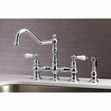 Restoration Two-Handle 4-Hole Deck Mount Bridge Kitchen Faucet with Brass Side Sprayer