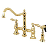 Restoration Two-Handle 4-Hole Deck Mount Bridge Kitchen Faucet with Brass Side Sprayer