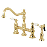 Restoration Two-Handle 4-Hole Deck Mount Bridge Kitchen Faucet with Brass Side Sprayer