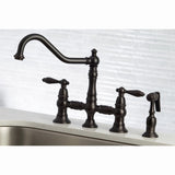 Restoration Two-Handle 4-Hole Deck Mount Bridge Kitchen Faucet with Brass Side Sprayer