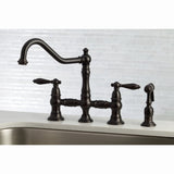 Restoration Two-Handle 4-Hole Deck Mount Bridge Kitchen Faucet with Brass Side Sprayer