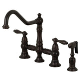 Restoration Two-Handle 4-Hole Deck Mount Bridge Kitchen Faucet with Brass Side Sprayer