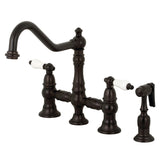 Restoration Two-Handle 4-Hole Deck Mount Bridge Kitchen Faucet with Brass Side Sprayer