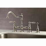 Restoration Two-Handle 4-Hole Deck Mount Bridge Kitchen Faucet with Brass Side Sprayer