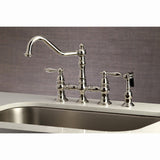 Restoration Two-Handle 4-Hole Deck Mount Bridge Kitchen Faucet with Brass Side Sprayer