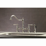 Restoration Two-Handle 4-Hole Deck Mount Bridge Kitchen Faucet with Brass Side Sprayer