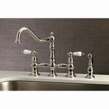 Restoration Two-Handle 4-Hole Deck Mount Bridge Kitchen Faucet with Brass Side Sprayer