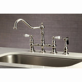 Restoration Two-Handle 4-Hole Deck Mount Bridge Kitchen Faucet with Brass Side Sprayer