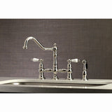 Restoration Two-Handle 4-Hole Deck Mount Bridge Kitchen Faucet with Brass Side Sprayer