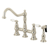 Restoration Two-Handle 4-Hole Deck Mount Bridge Kitchen Faucet with Brass Side Sprayer