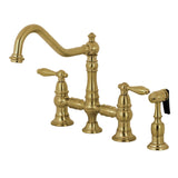 Restoration Two-Handle 4-Hole Deck Mount Bridge Kitchen Faucet with Brass Side Sprayer