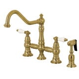 Restoration Two-Handle 4-Hole Deck Mount Bridge Kitchen Faucet with Brass Side Sprayer