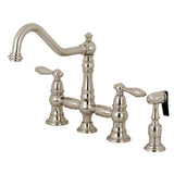 Restoration Two-Handle 4-Hole Deck Mount Bridge Kitchen Faucet with Brass Side Sprayer