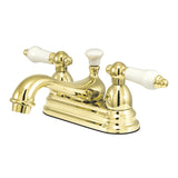 Restoration Double-Handle 3-Hole Deck Mount 4-Inch Centerset Bathroom Faucet with Brass Pop-Up