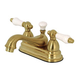 Restoration Double-Handle 3-Hole Deck Mount 4-Inch Centerset Bathroom Faucet with Brass Pop-Up