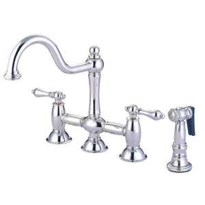 Restoration Two-Handle 4-Hole Deck Mount Bridge Kitchen Faucet with Brass Side Sprayer