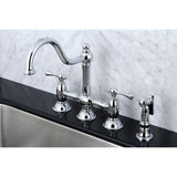 Restoration Two-Handle 4-Hole Deck Mount Bridge Kitchen Faucet with Brass Side Sprayer