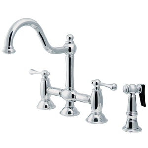 Restoration Two-Handle 4-Hole Deck Mount Bridge Kitchen Faucet with Brass Side Sprayer