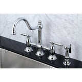 Restoration Two-Handle 4-Hole Deck Mount Bridge Kitchen Faucet with Brass Side Sprayer