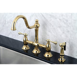 Restoration Two-Handle 4-Hole Deck Mount Bridge Kitchen Faucet with Brass Side Sprayer