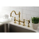 Restoration Two-Handle 4-Hole Deck Mount Bridge Kitchen Faucet with Brass Side Sprayer