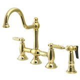 Restoration Two-Handle 4-Hole Deck Mount Bridge Kitchen Faucet with Brass Side Sprayer