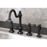 Restoration Two-Handle 4-Hole Deck Mount Bridge Kitchen Faucet with Brass Side Sprayer