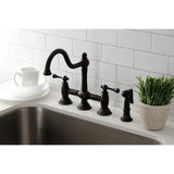 Restoration Two-Handle 4-Hole Deck Mount Bridge Kitchen Faucet with Brass Side Sprayer