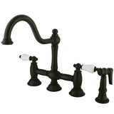 Restoration Two-Handle 4-Hole Deck Mount Bridge Kitchen Faucet with Brass Side Sprayer