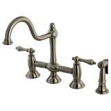 Restoration Two-Handle 4-Hole Deck Mount Bridge Kitchen Faucet with Brass Side Sprayer