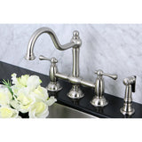 Restoration Two-Handle 4-Hole Deck Mount Bridge Kitchen Faucet with Brass Side Sprayer