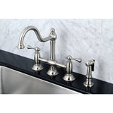 Restoration Two-Handle 4-Hole Deck Mount Bridge Kitchen Faucet with Brass Side Sprayer