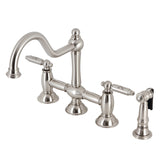 Restoration Two-Handle 4-Hole Deck Mount Bridge Kitchen Faucet with Brass Side Sprayer