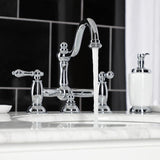 Restoration Two-Handle 3-Hole Deck Mount Bridge Bathroom Faucet with Brass Pop-Up