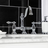 Restoration Two-Handle 3-Hole Deck Mount Bridge Bathroom Faucet with Brass Pop-Up