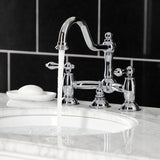 Restoration Two-Handle 3-Hole Deck Mount Bridge Bathroom Faucet with Brass Pop-Up