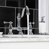 Restoration Two-Handle 3-Hole Deck Mount Bridge Bathroom Faucet with Brass Pop-Up