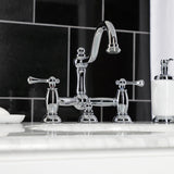 Restoration Two-Handle 3-Hole Deck Mount Bridge Bathroom Faucet with Brass Pop-Up