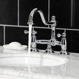 Restoration Two-Handle 3-Hole Deck Mount Bridge Bathroom Faucet with Brass Pop-Up