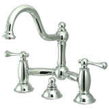 Restoration Two-Handle 3-Hole Deck Mount Bridge Bathroom Faucet with Brass Pop-Up