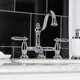 Restoration Two-Handle 3-Hole Deck Mount Bridge Bathroom Faucet with Brass Pop-Up