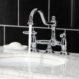 Restoration Two-Handle 3-Hole Deck Mount Bridge Bathroom Faucet with Brass Pop-Up