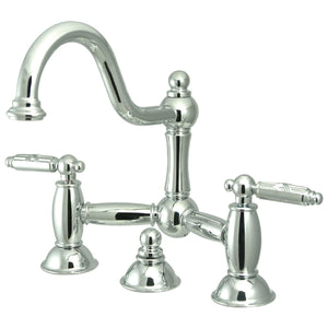 Restoration Two-Handle 3-Hole Deck Mount Bridge Bathroom Faucet with Brass Pop-Up