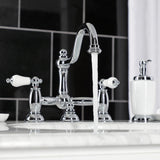 Restoration Two-Handle 3-Hole Deck Mount Bridge Bathroom Faucet with Brass Pop-Up