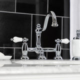 Restoration Two-Handle 3-Hole Deck Mount Bridge Bathroom Faucet with Brass Pop-Up