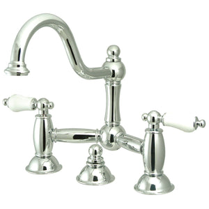 Restoration Two-Handle 3-Hole Deck Mount Bridge Bathroom Faucet with Brass Pop-Up