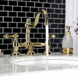 Restoration Two-Handle 3-Hole Deck Mount Bridge Bathroom Faucet with Brass Pop-Up