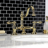 Restoration Two-Handle 3-Hole Deck Mount Bridge Bathroom Faucet with Brass Pop-Up